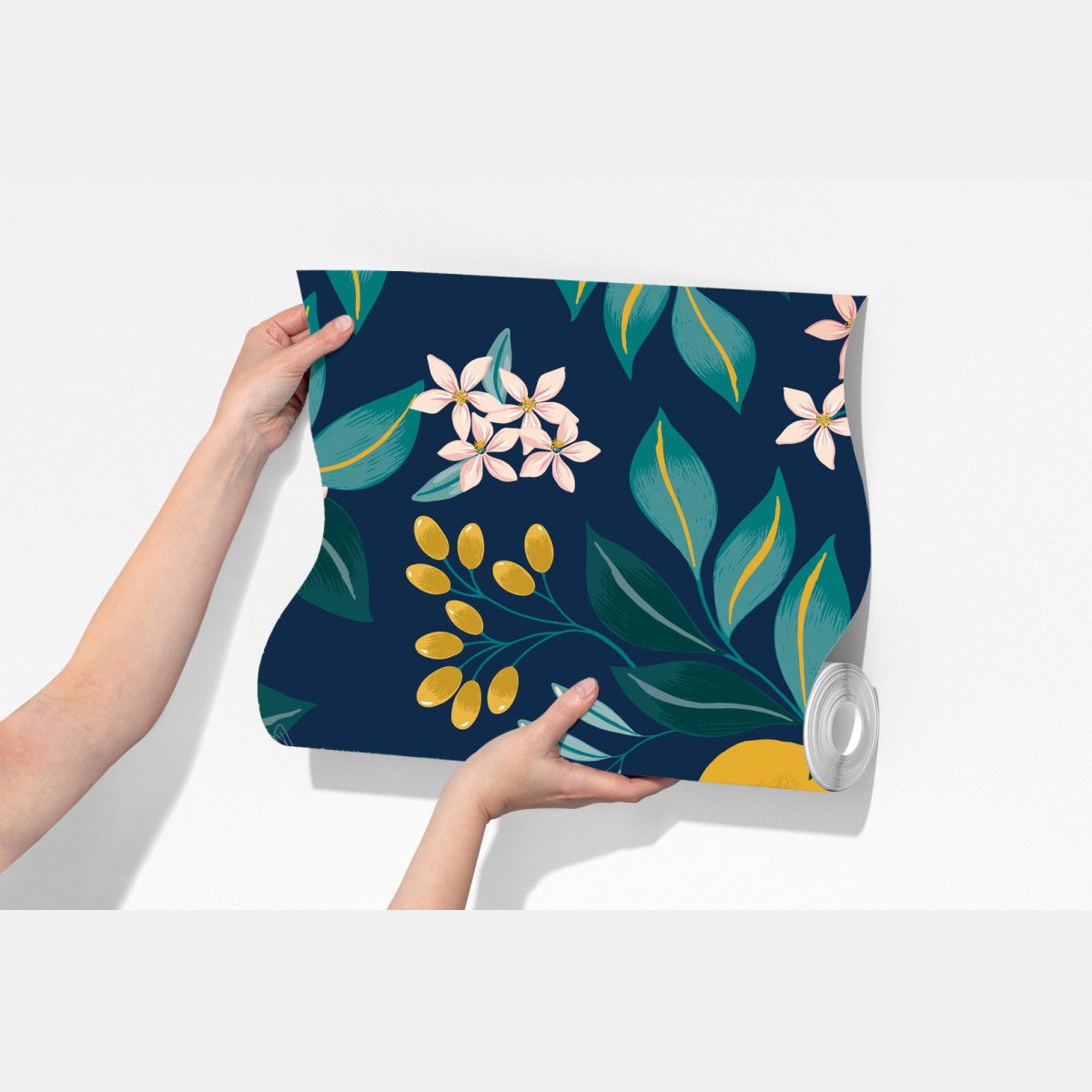 Fototapeta botaniczny wzór z kwiatami cytrusów na granatowym tle – Wallissimo® Fototapeta botaniczny wzór z kwiatami cytrusów na granatowym tle – Wallissimo®