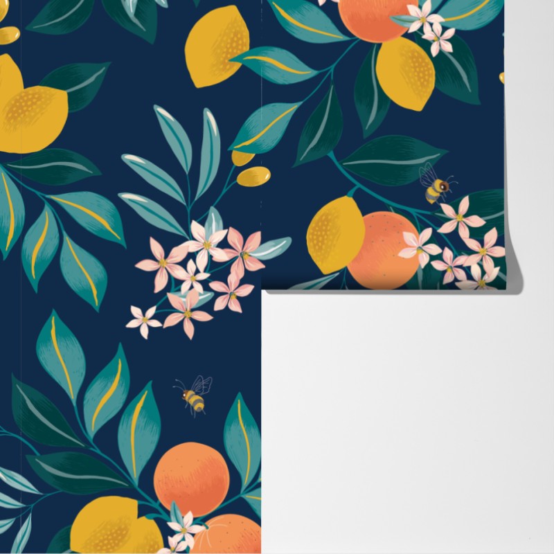 Fototapeta botaniczny wzór z kwiatami cytrusów na granatowym tle – Wallissimo® Fototapeta botaniczny wzór z kwiatami cytrusów na granatowym tle – Wallissimo®