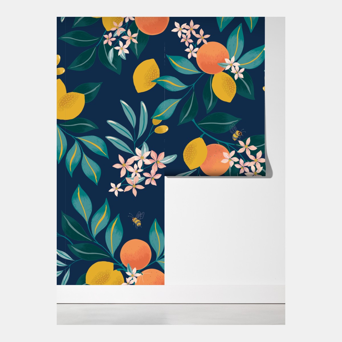 Fototapeta botaniczny wzór z kwiatami cytrusów na granatowym tle – Wallissimo® Fototapeta botaniczny wzór z kwiatami cytrusów na granatowym tle – Wallissimo®