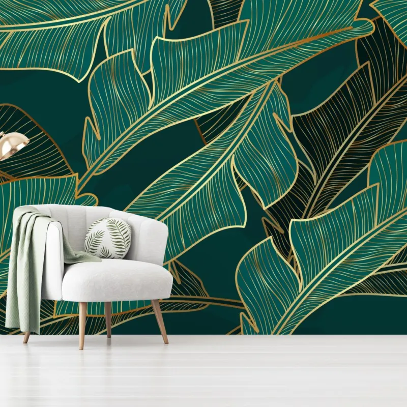 Wall mural gold-lined tropical banana leaves pattern
