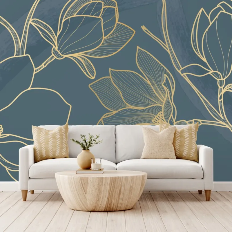 Wall mural gold magnolia line art on teal