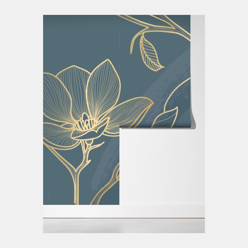 Fototapeta złota magnolia na turkusowym tle – Wallissimo® Fototapeta złota magnolia na turkusowym tle – Wallissimo®