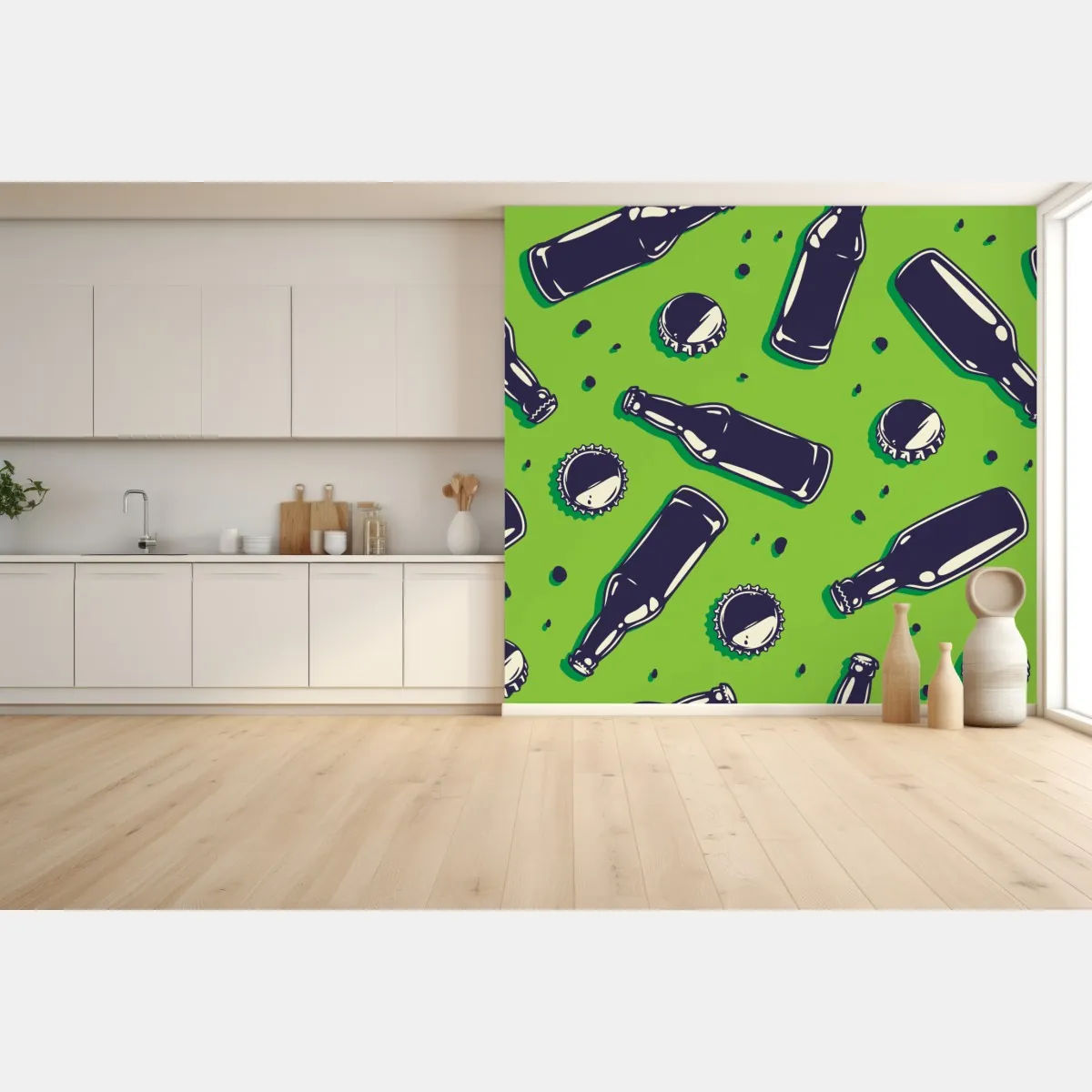 Fototapeta wzór butelek piwa w stylu pop art na zielonym tle – Wallissimo® Fototapeta wzór butelek piwa w stylu pop art na zielonym tle – Wallissimo®