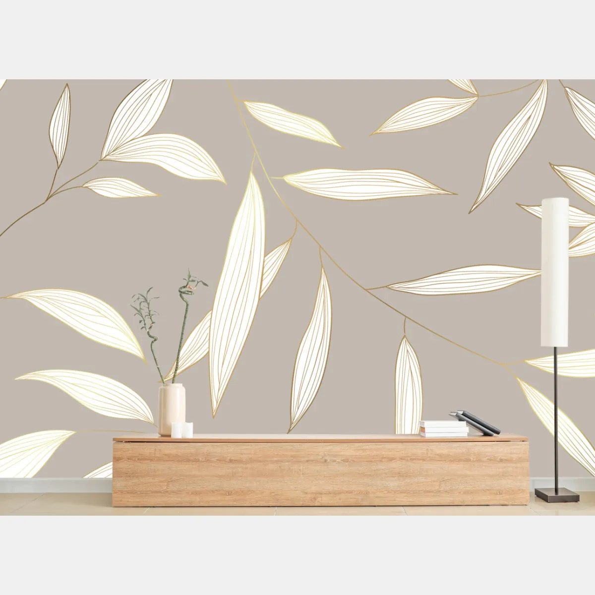 Fototapeta delikatne liście z złotym obrysem na beżowym tle – Wallissimo® Fototapeta delikatne liście z złotym obrysem na beżowym tle – Wallissimo®