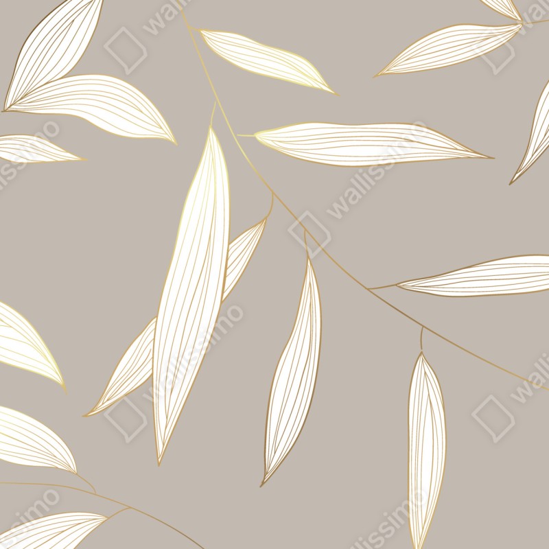 Fototapeta delikatne liście z złotym obrysem na beżowym tle – Wallissimo® Fototapeta delikatne liście z złotym obrysem na beżowym tle – Wallissimo®