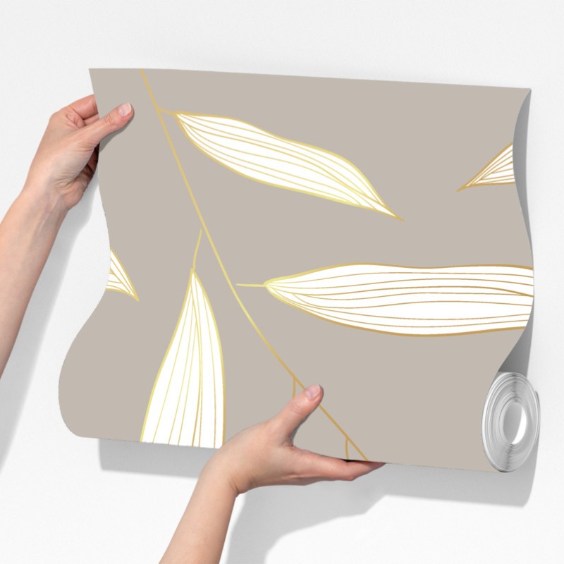 Fototapeta delikatne liście z złotym obrysem na beżowym tle – Wallissimo® Fototapeta delikatne liście z złotym obrysem na beżowym tle – Wallissimo®