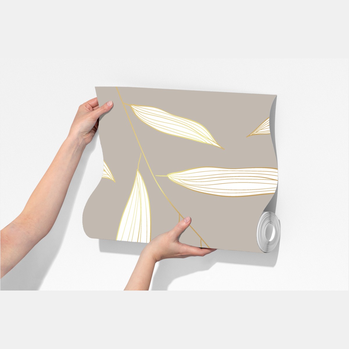 Fototapeta delikatne liście z złotym obrysem na beżowym tle – Wallissimo® Fototapeta delikatne liście z złotym obrysem na beżowym tle – Wallissimo®