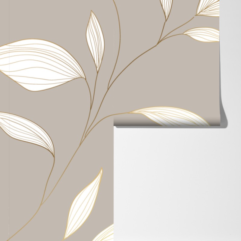 Fototapeta delikatne liście z złotym obrysem na beżowym tle – Wallissimo® Fototapeta delikatne liście z złotym obrysem na beżowym tle – Wallissimo®