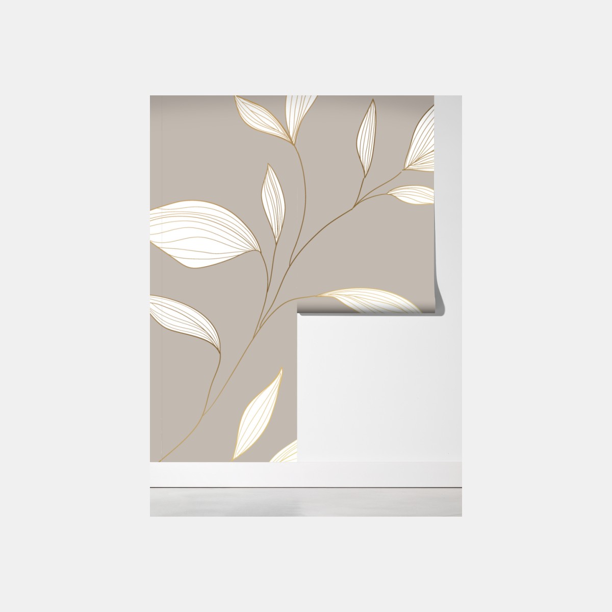 Fototapeta delikatne liście z złotym obrysem na beżowym tle – Wallissimo® Fototapeta delikatne liście z złotym obrysem na beżowym tle – Wallissimo®