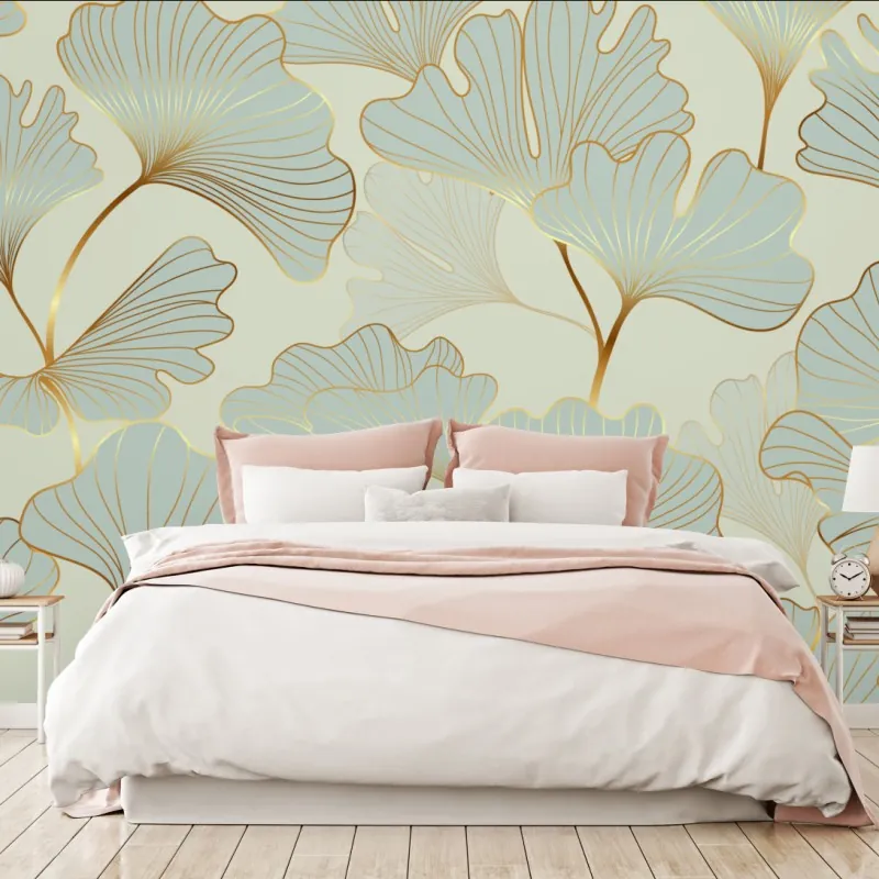 Wall mural pastel ginkgo leaves pattern with gold accents