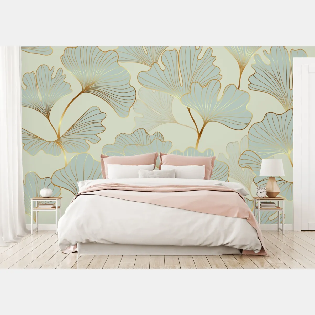 Fototapeta pastelowy wzór liści miłorzębu ze złotymi akcentami – Wallissimo® Fototapeta pastelowy wzór liści miłorzębu ze złotymi akcentami – Wallissimo®
