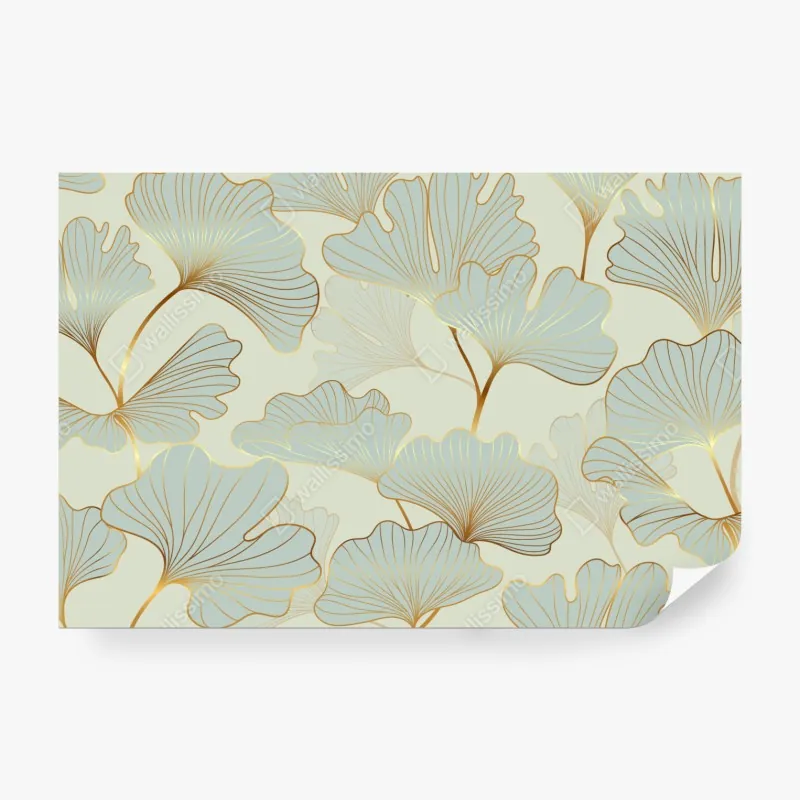Wall mural pastel ginkgo leaves pattern with gold accents