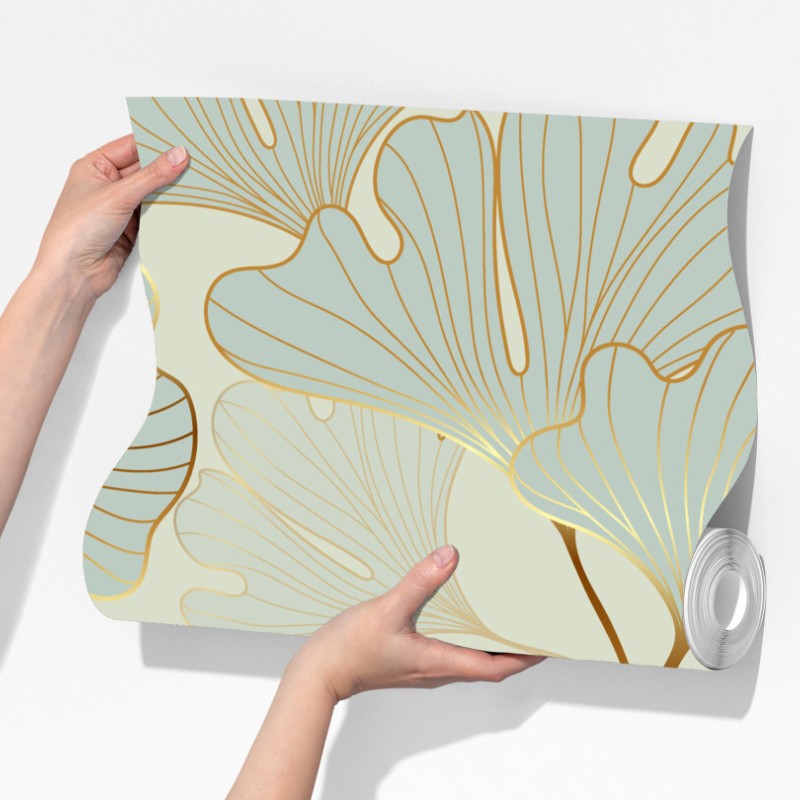 Fototapeta pastelowy wzór liści miłorzębu ze złotymi akcentami – Wallissimo® Fototapeta pastelowy wzór liści miłorzębu ze złotymi akcentami – Wallissimo®