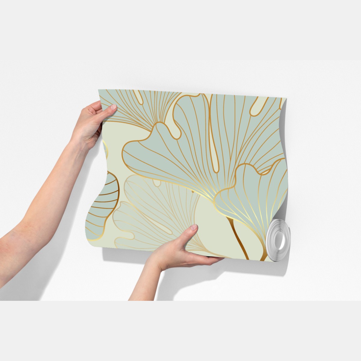 Fototapeta pastelowy wzór liści miłorzębu ze złotymi akcentami – Wallissimo® Fototapeta pastelowy wzór liści miłorzębu ze złotymi akcentami – Wallissimo®