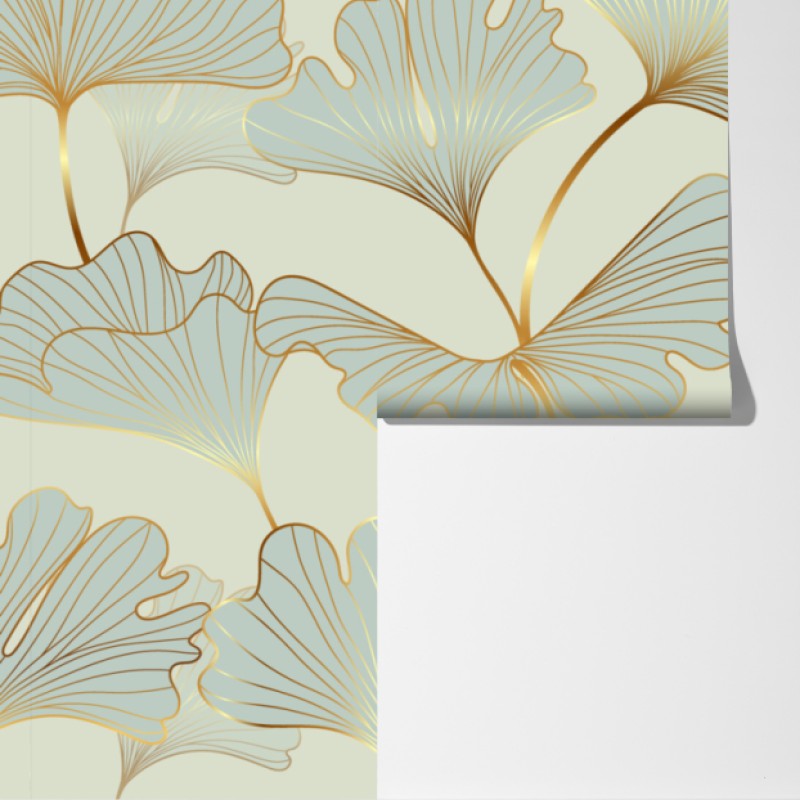 Fototapeta pastelowy wzór liści miłorzębu ze złotymi akcentami – Wallissimo® Fototapeta pastelowy wzór liści miłorzębu ze złotymi akcentami – Wallissimo®