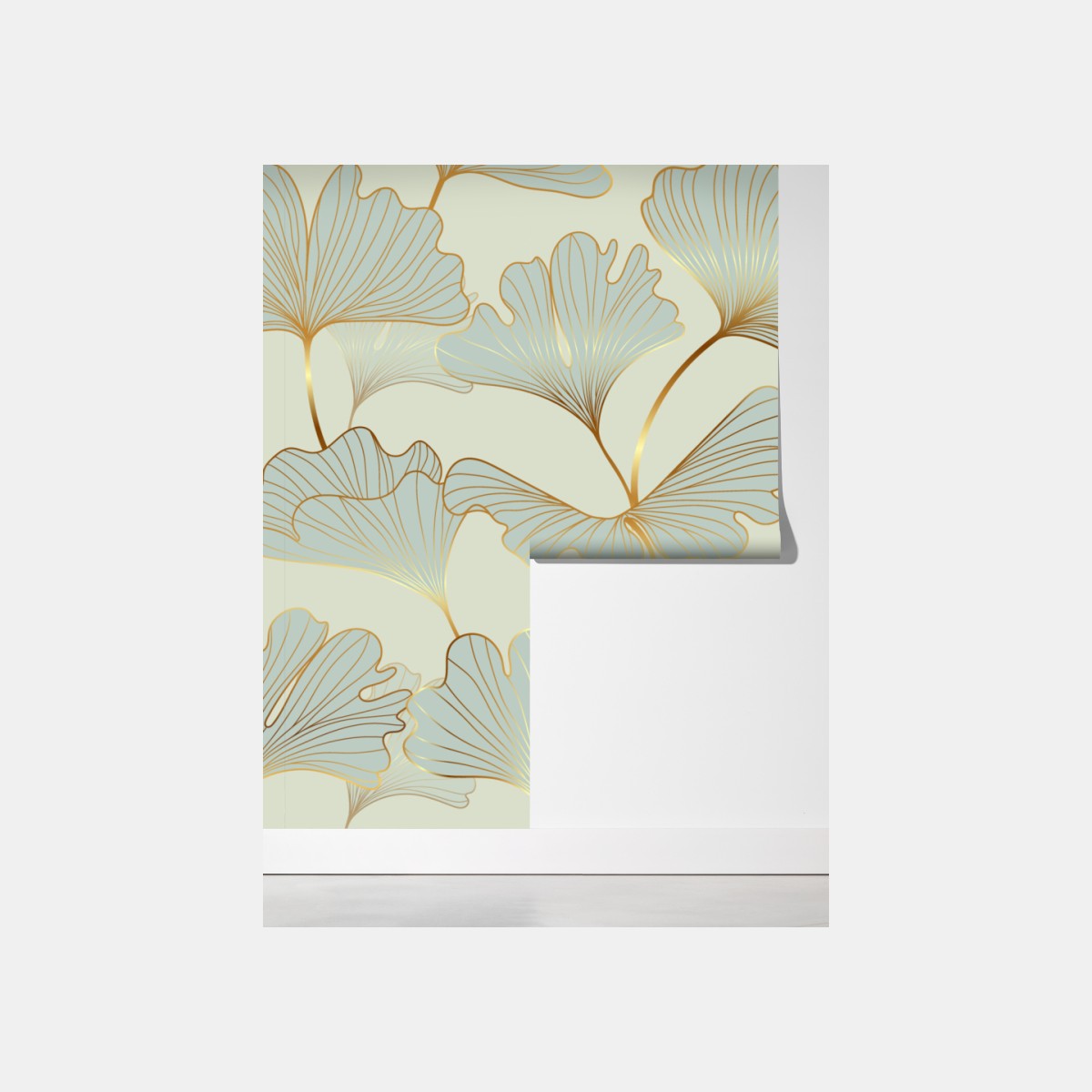 Fototapeta pastelowy wzór liści miłorzębu ze złotymi akcentami – Wallissimo® Fototapeta pastelowy wzór liści miłorzębu ze złotymi akcentami – Wallissimo®