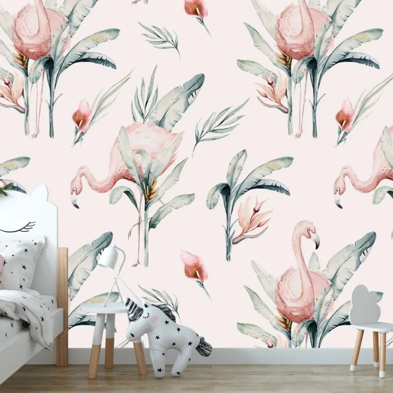 Wall mural watercolor flamingo tropical pattern