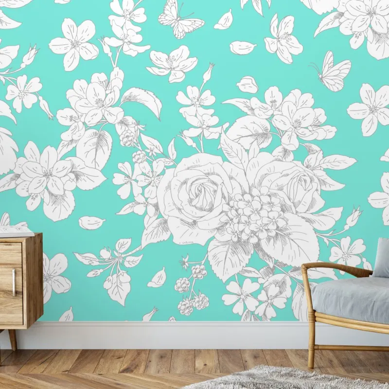 Wall mural turquoise floral botanical pattern