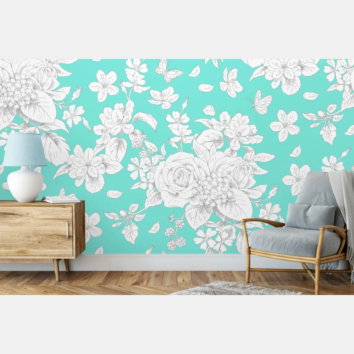 Fototapeta turkusowy wzór botaniczny z kwiatami – Wallissimo® Fototapeta turkusowy wzór botaniczny z kwiatami – Wallissimo®