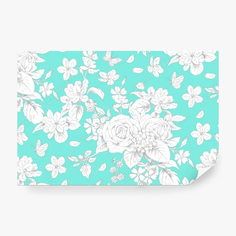 Wall mural turquoise floral botanical pattern