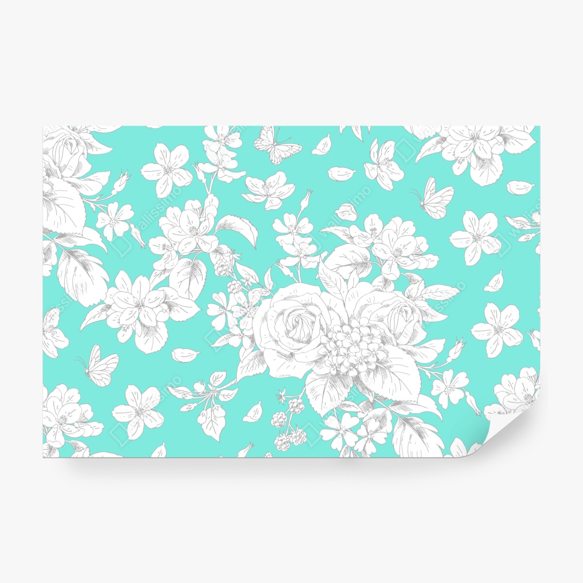 Fototapeta turkusowy wzór botaniczny z kwiatami – Wallissimo® Fototapeta turkusowy wzór botaniczny z kwiatami – Wallissimo®