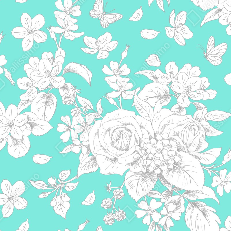 Fototapeta turkusowy wzór botaniczny z kwiatami – Wallissimo® Fototapeta turkusowy wzór botaniczny z kwiatami – Wallissimo®
