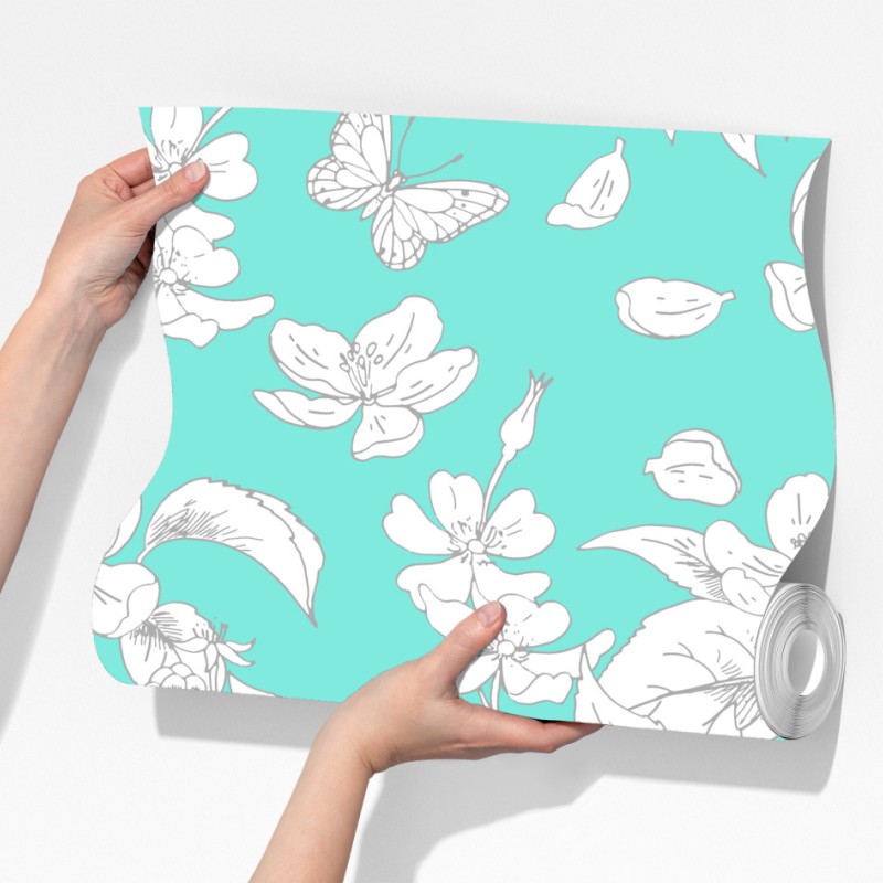 Fototapeta turkusowy wzór botaniczny z kwiatami – Wallissimo® Fototapeta turkusowy wzór botaniczny z kwiatami – Wallissimo®