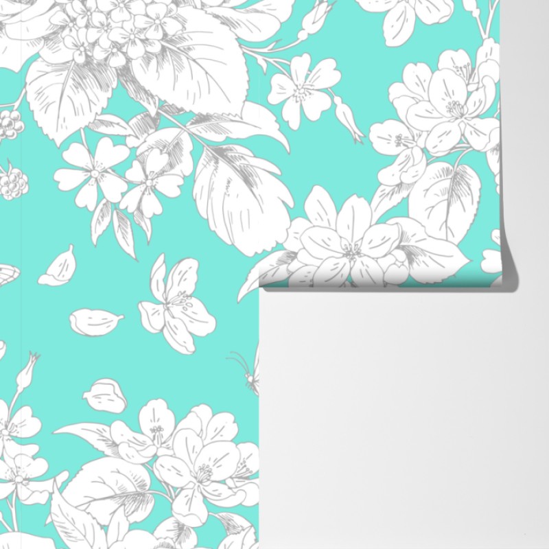 Fototapeta turkusowy wzór botaniczny z kwiatami – Wallissimo® Fototapeta turkusowy wzór botaniczny z kwiatami – Wallissimo®