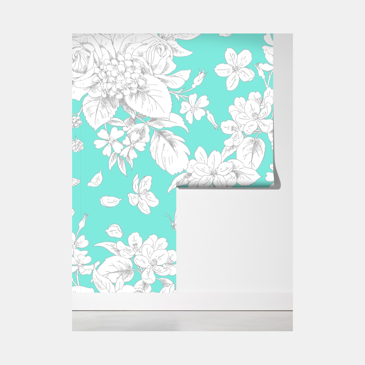 Fototapeta turkusowy wzór botaniczny z kwiatami – Wallissimo® Fototapeta turkusowy wzór botaniczny z kwiatami – Wallissimo®