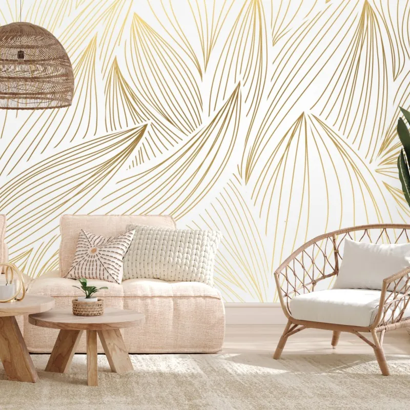 Wall mural golden leaf line art