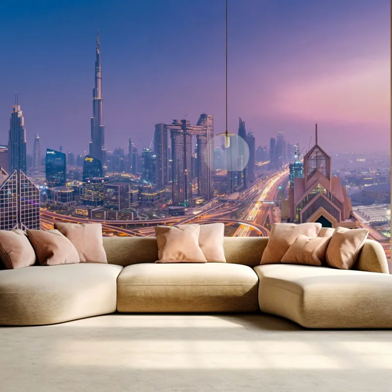 Wall mural Dubai skyline at dusk panoramic cityscape