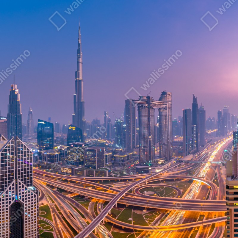 Fototapeta panoramiczny widok Dubaju o zmierzchu – Wallissimo® Fototapeta panoramiczny widok Dubaju o zmierzchu – Wallissimo®