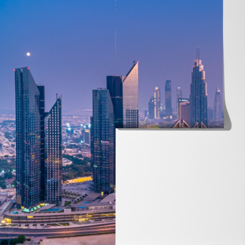 Fototapeta panoramiczny widok Dubaju o zmierzchu – Wallissimo® Fototapeta panoramiczny widok Dubaju o zmierzchu – Wallissimo®