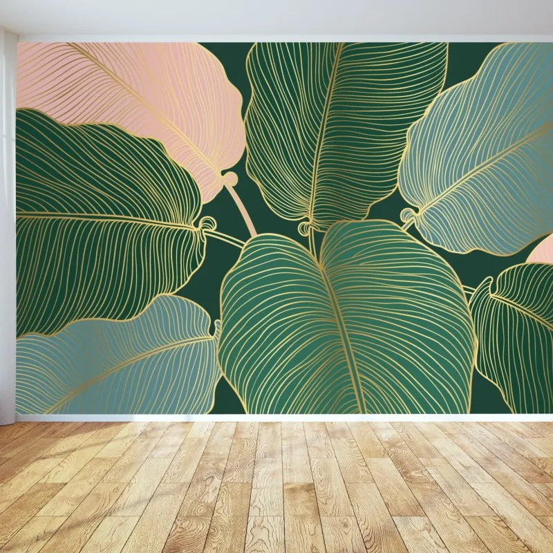 Wall mural gold-lined tropical leaves print