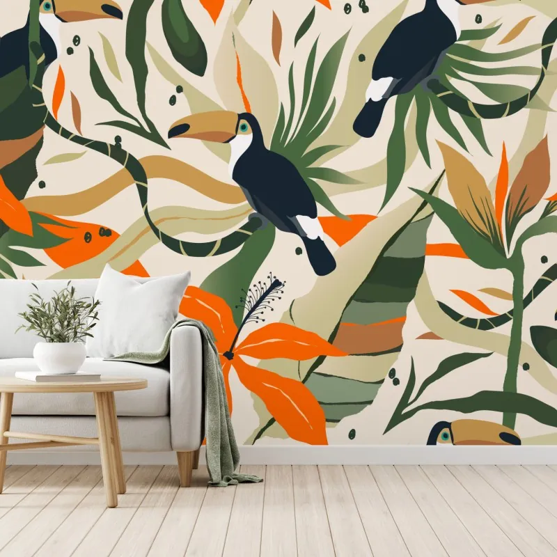 Wall mural tropical toucan botanical pattern