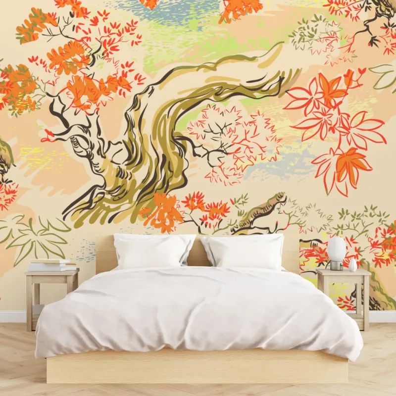 Wall mural serene oriental tree and leaf pattern