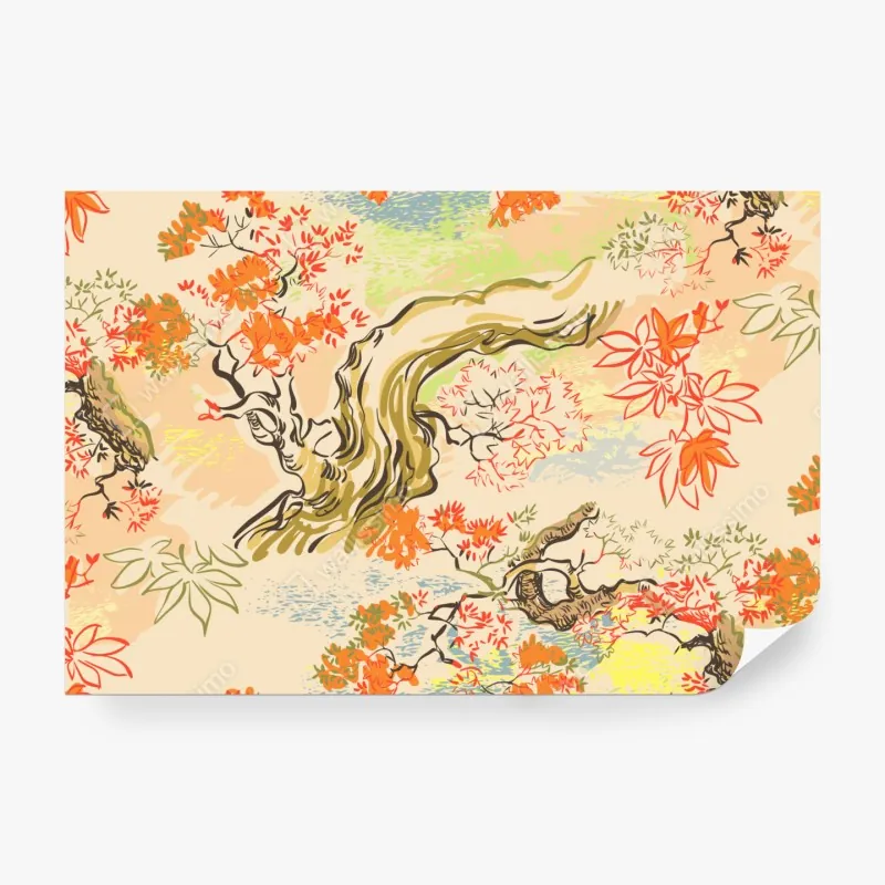 Wall mural serene oriental tree and leaf pattern