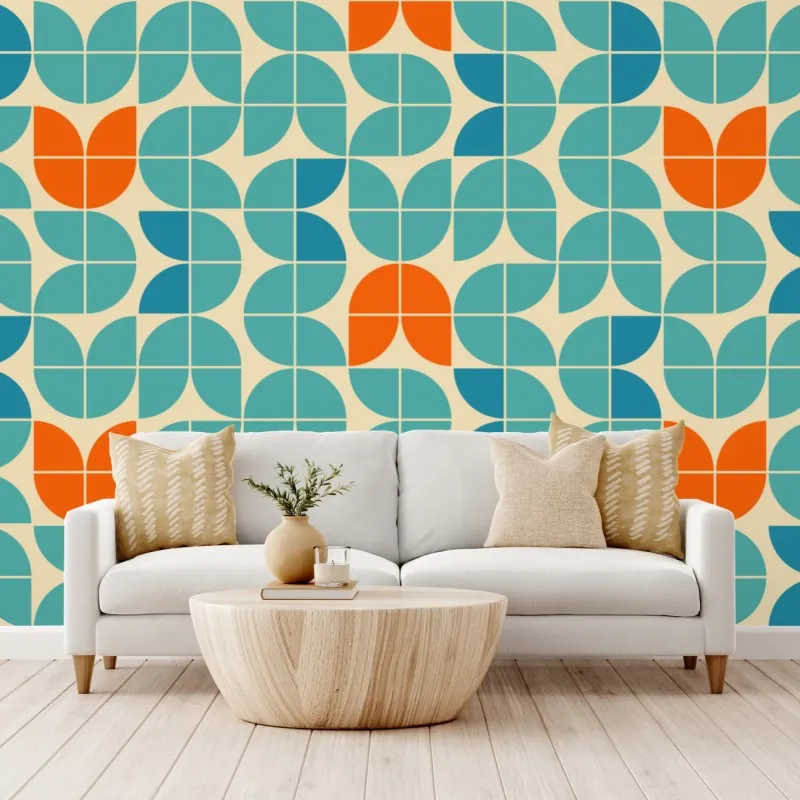 Wall mural retro geometric tile pattern in turquoise and orange