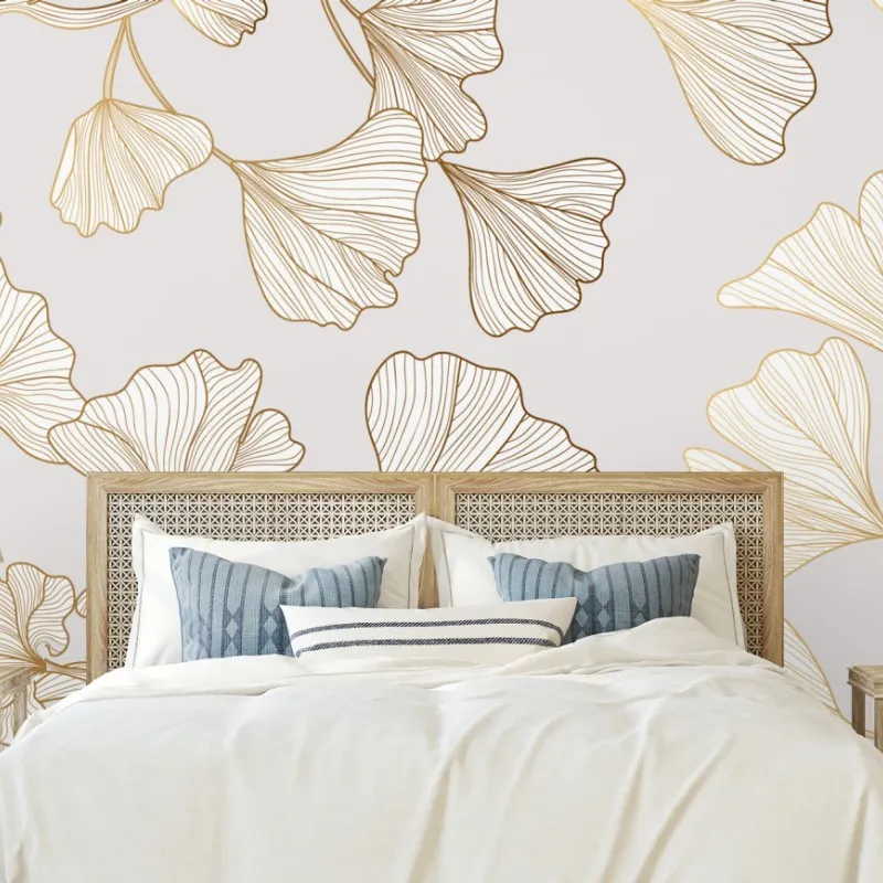 Wall mural delicate golden ginkgo botanical pattern