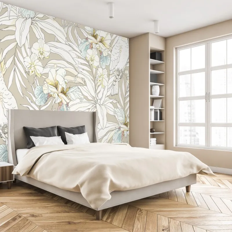 Wall mural tropical cockatoo floral pattern