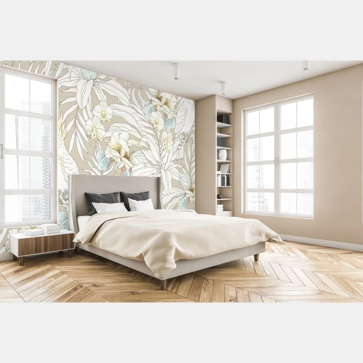 Fototapeta tropikalny wzór z kakadu i kwiatami – Wallissimo® Fototapeta tropikalny wzór z kakadu i kwiatami – Wallissimo®