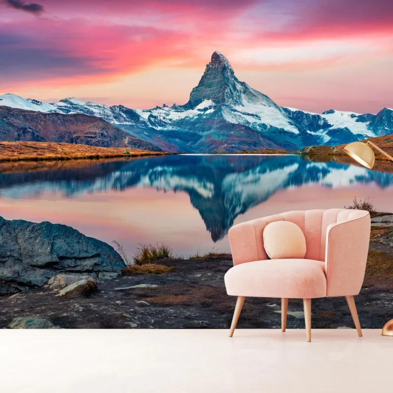 Fototapeta majestatyczny Matterhorn odbity w Stellisee – Wallissimo® Fototapeta majestatyczny Matterhorn odbity w Stellisee – Wallissimo®