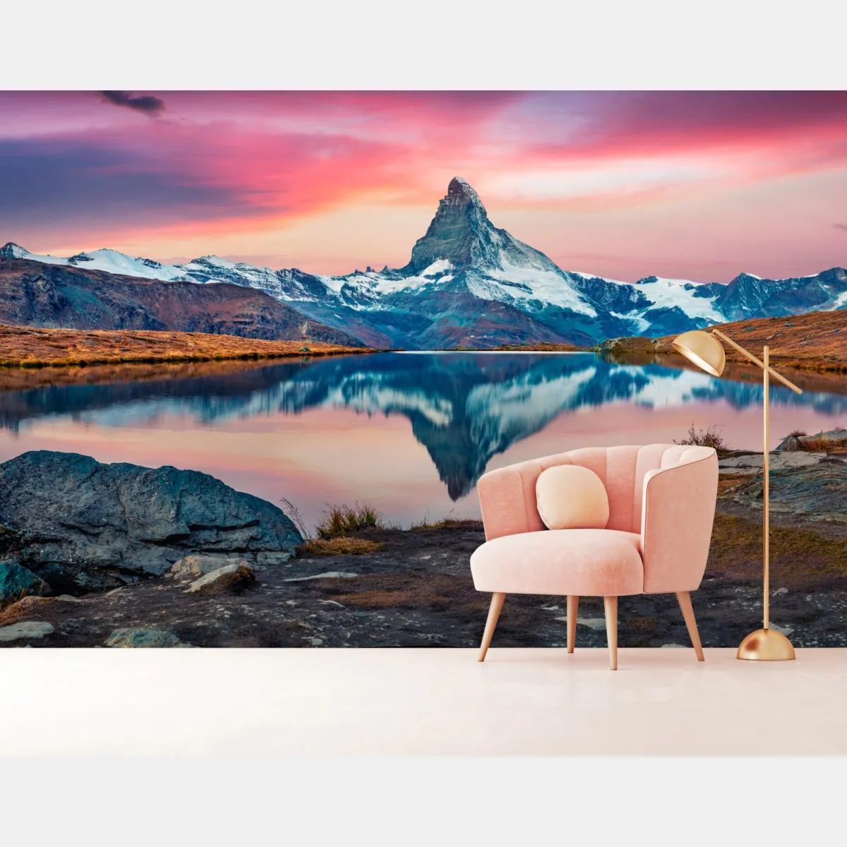 Fototapeta majestatyczny Matterhorn odbity w Stellisee – Wallissimo® Fototapeta majestatyczny Matterhorn odbity w Stellisee – Wallissimo®