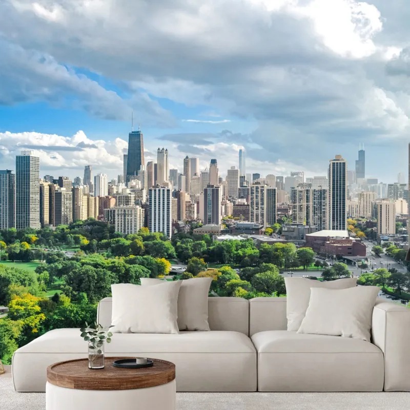 Wall mural city skyline above a green park