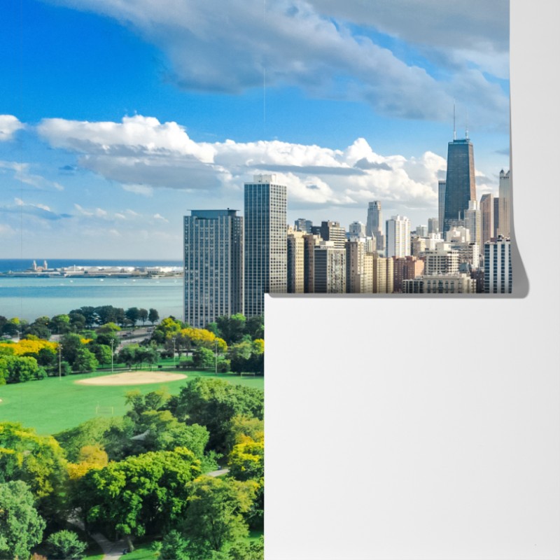 Fototapeta miejska panorama nad zielonym parkiem – Wallissimo® Fototapeta miejska panorama nad zielonym parkiem – Wallissimo®