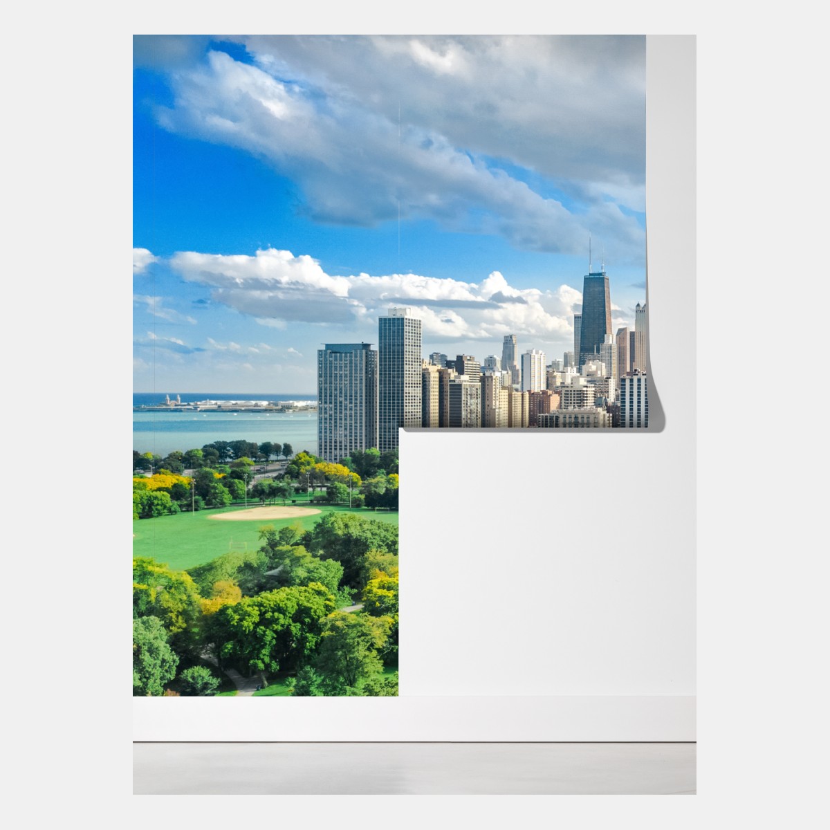 Fototapeta miejska panorama nad zielonym parkiem – Wallissimo® Fototapeta miejska panorama nad zielonym parkiem – Wallissimo®