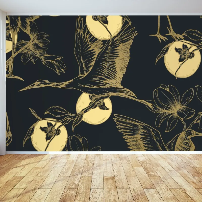 Wall mural golden cranes and moon pattern