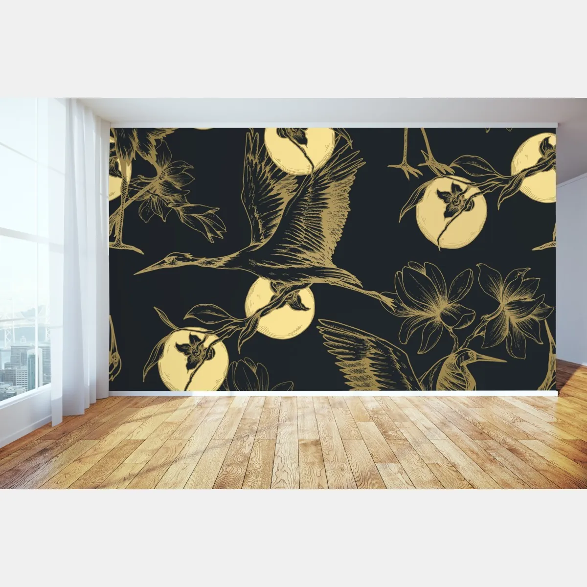 Fototapeta złote żurawie i księżycowy wzór – Wallissimo® Fototapeta złote żurawie i księżycowy wzór – Wallissimo®