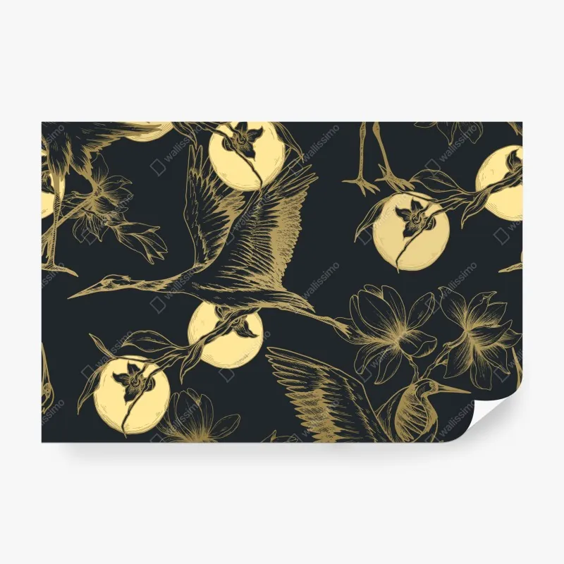 Wall mural golden cranes and moon pattern
