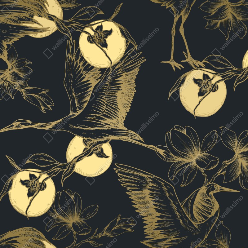 Fototapeta złote żurawie i księżycowy wzór – Wallissimo® Fototapeta złote żurawie i księżycowy wzór – Wallissimo®